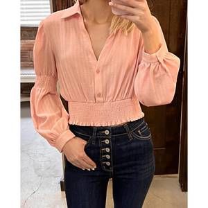 NEW SHIYING FASHION bubble sleeve smocked crop top in coral